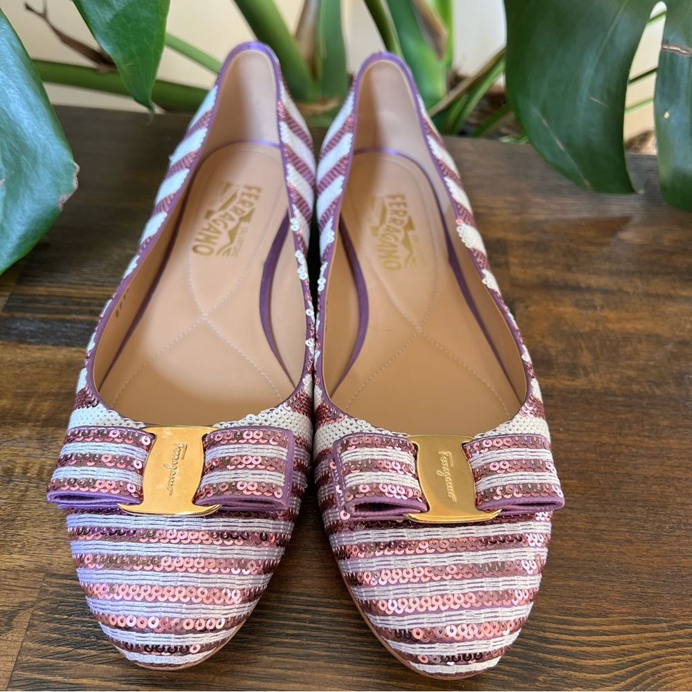 NEW! Salvatore Ferragamo $850 Varina Pink/White Sequin Vara Bow Flats 9.5B - Picture 3 of 12